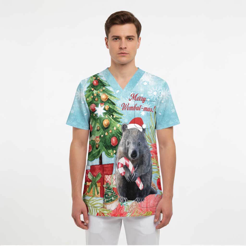 Australia Christmas Scrub Top Merry Wombat-mas Watercolor Style - Aussie Hoodie