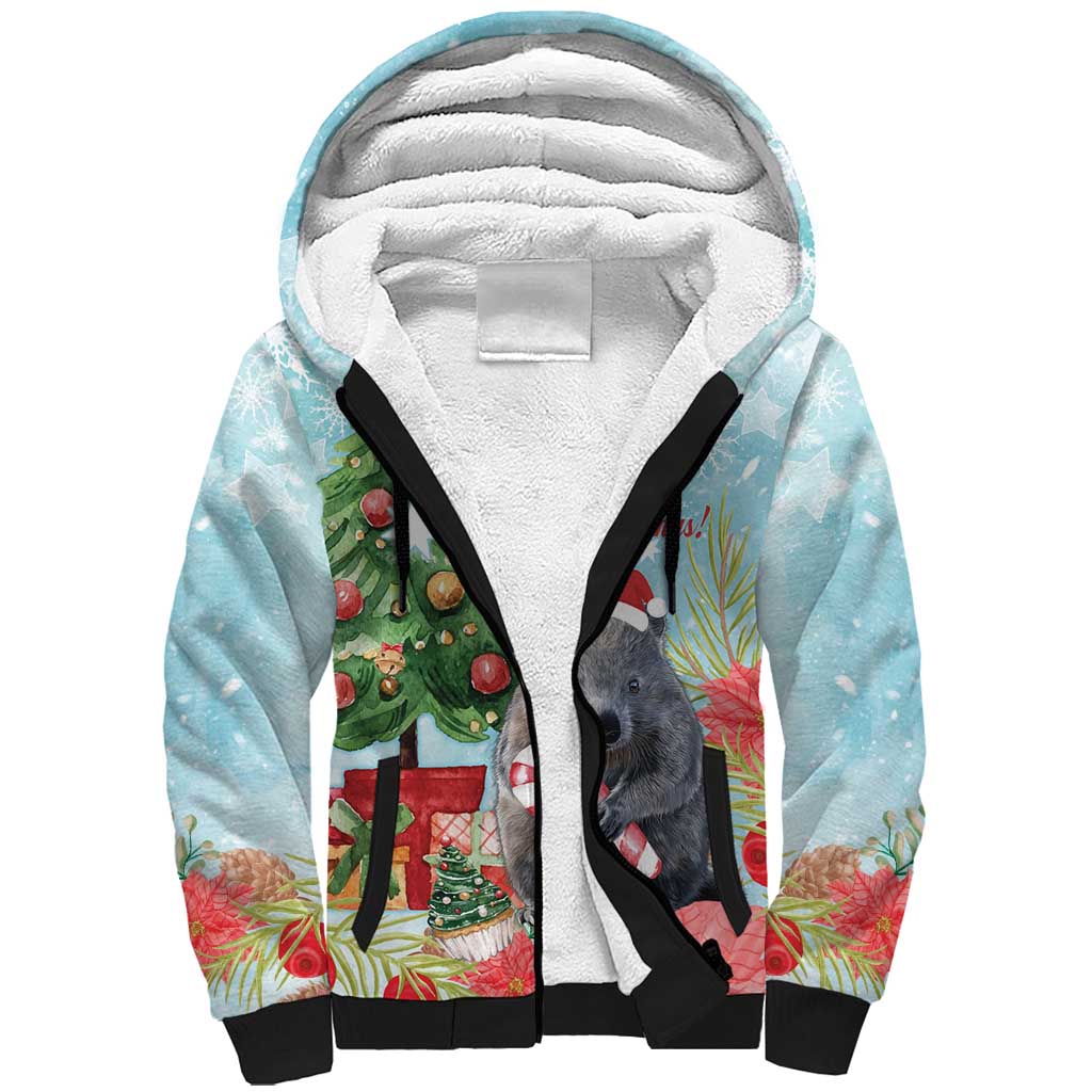 Australia Christmas Sherpa Hoodie Merry Wombat-mas Watercolor Style