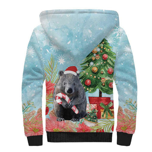 Australia Christmas Sherpa Hoodie Merry Wombat-mas Watercolor Style
