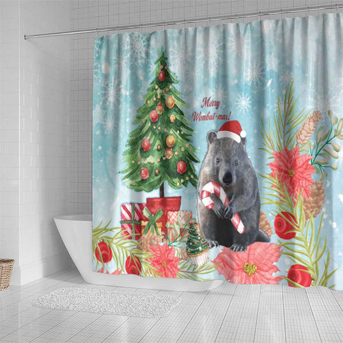 Australia Christmas Shower Curtain Merry Wombat-mas Watercolor Style
