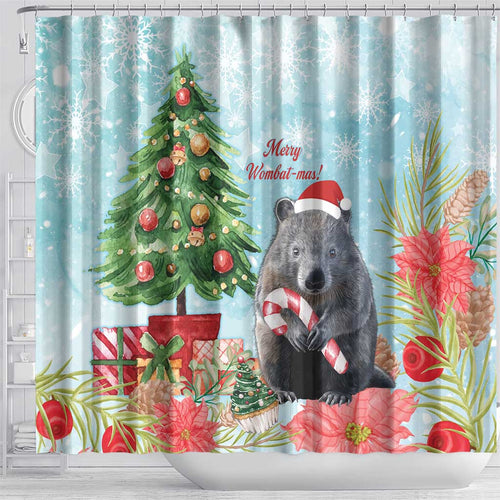 Australia Christmas Shower Curtain Merry Wombat-mas Watercolor Style