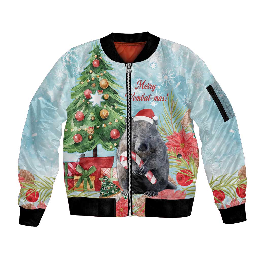 Australia Christmas Sleeve Zip Bomber Jacket Merry Wombat-mas Watercolor Style