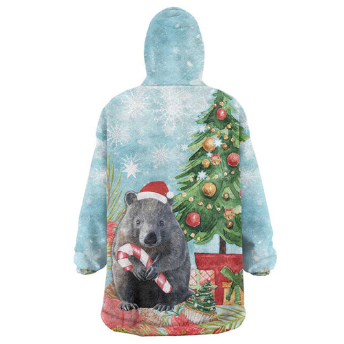 Australia Christmas Wearable Blanket Hoodie Merry Wombat-mas Watercolor Style