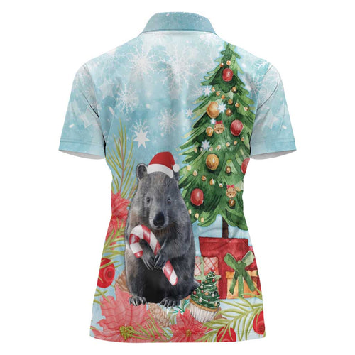 Australia Christmas Women Polo Shirt Merry Wombat-mas Watercolor Style