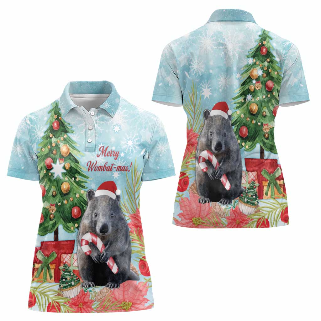 Australia Christmas Women Polo Shirt Merry Wombat-mas Watercolor Style
