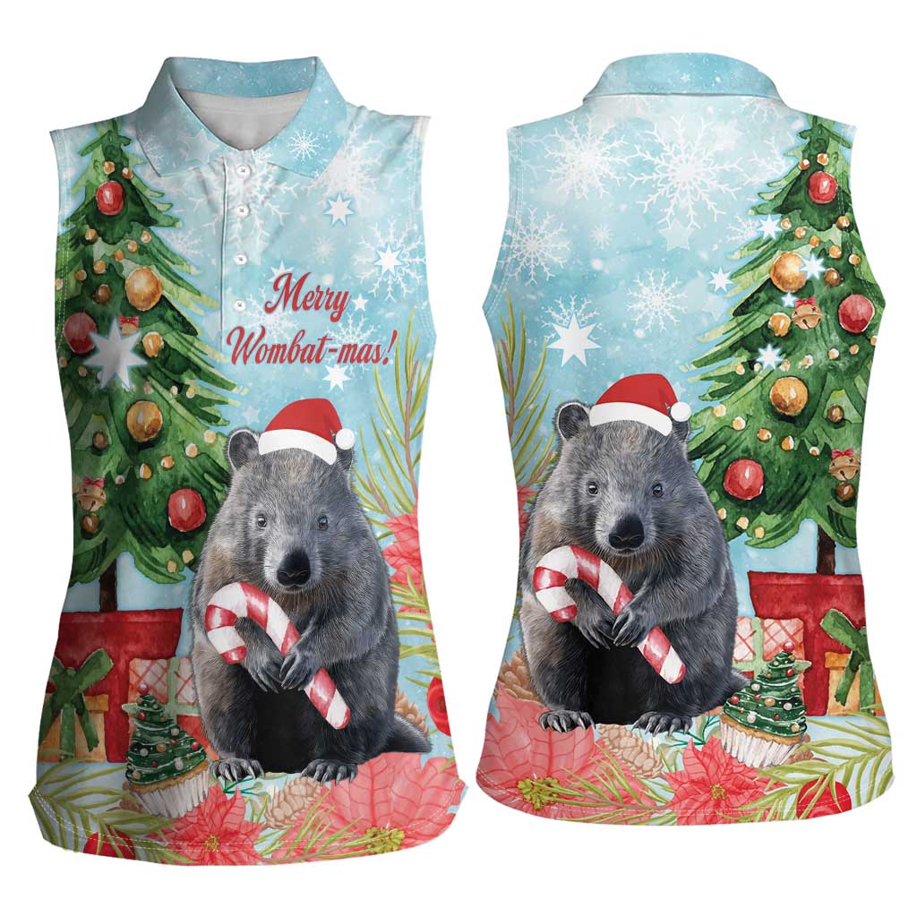 Australia Christmas Women Sleeveless Polo Shirt Merry Wombat-mas Watercolor Style