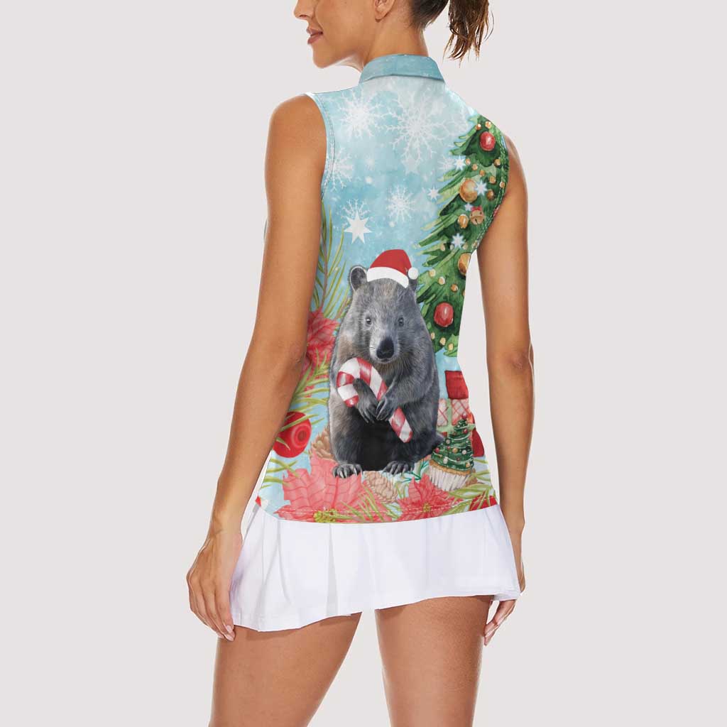Australia Christmas Women Sleeveless Polo Shirt Merry Wombat-mas Watercolor Style