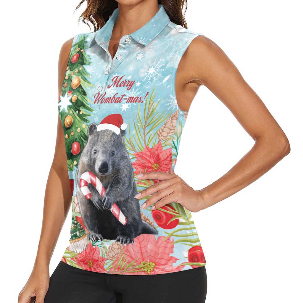 Australia Christmas Women Sleeveless Polo Shirt Merry Wombat-mas Watercolor Style