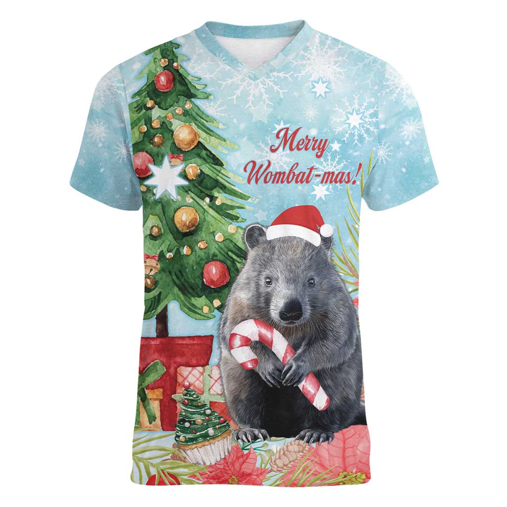 Australia Christmas Women V-Neck T-Shirt Merry Wombat-mas Watercolor Style
