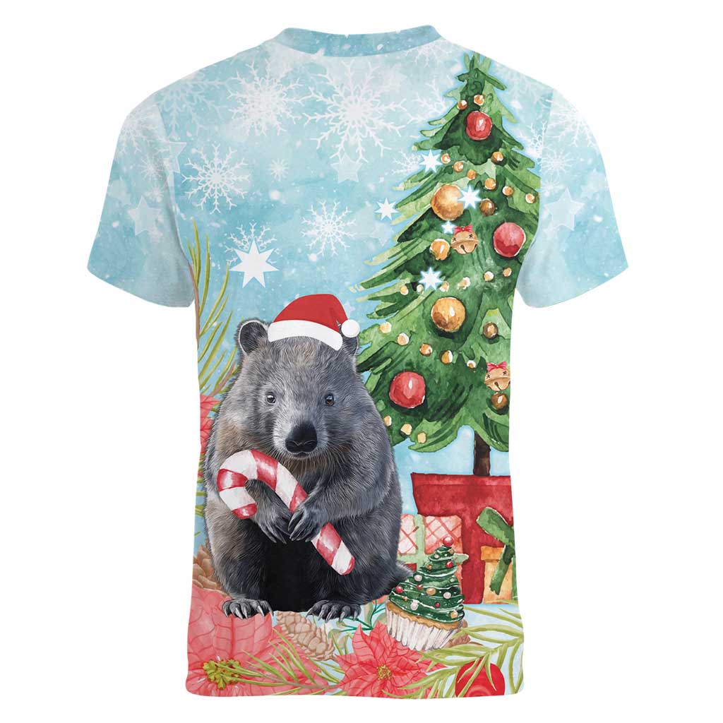Australia Christmas Women V-Neck T-Shirt Merry Wombat-mas Watercolor Style