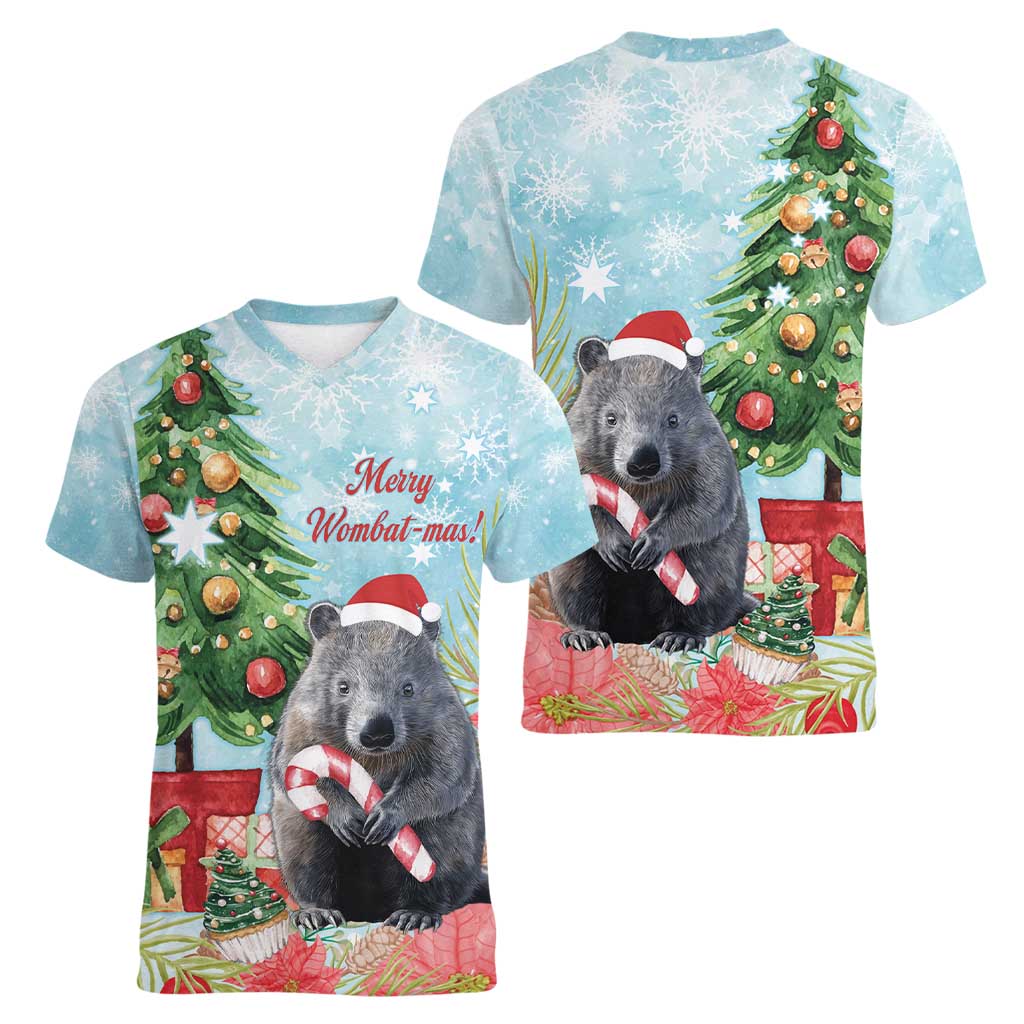 Australia Christmas Women V-Neck T-Shirt Merry Wombat-mas Watercolor Style