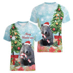 Australia Christmas Women V-Neck T-Shirt Merry Wombat-mas Watercolor Style
