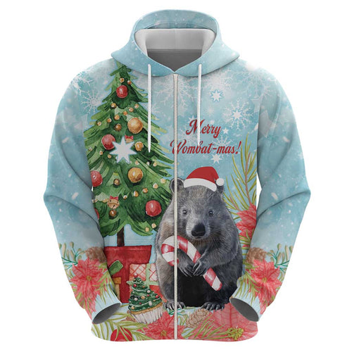 Australia Christmas Zip Hoodie Merry Wombat-mas Watercolor Style