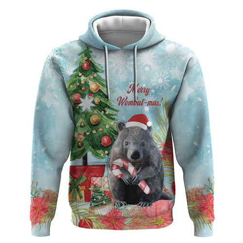 Australia Christmas Zip Hoodie Merry Wombat-mas Watercolor Style