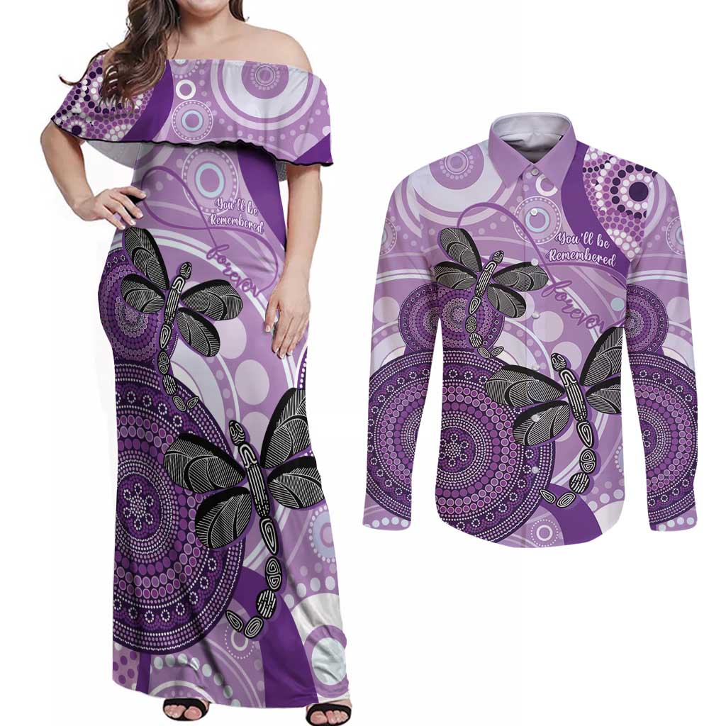 Memorial Australia Couples Matching Off Shoulder Maxi Dress and Long Sleeve Button Shirt You Will Be Remembered Aboriginal Art LT14
