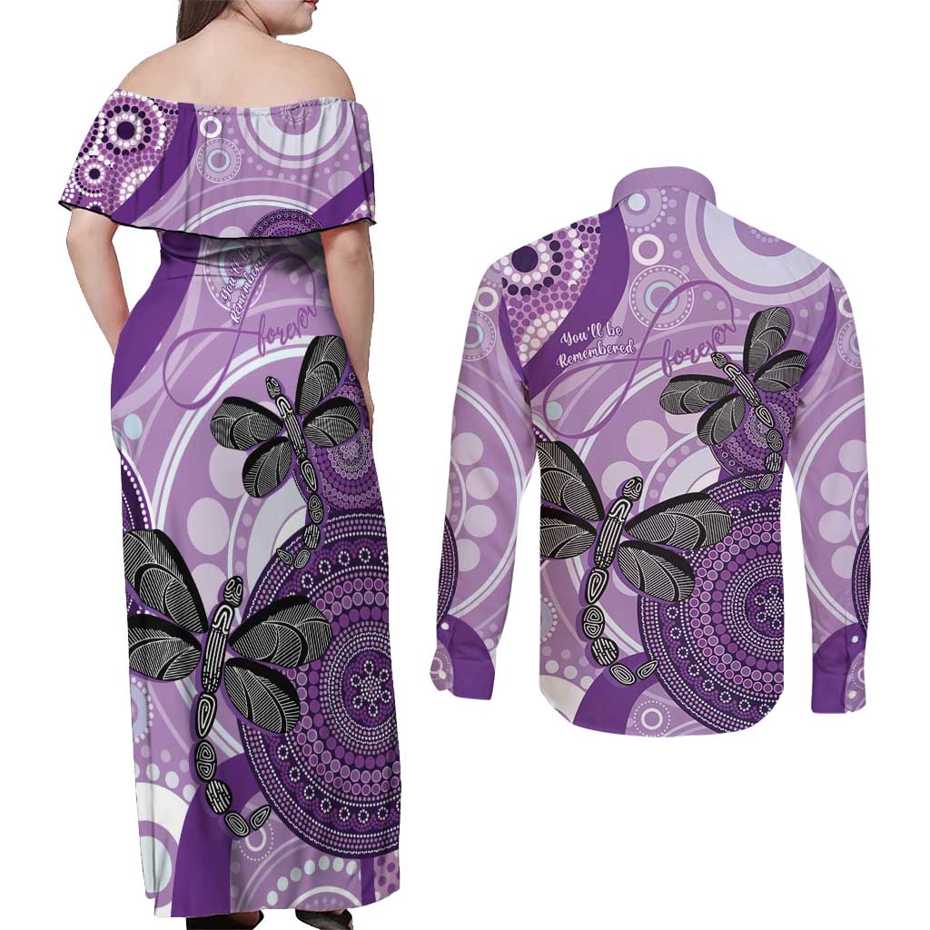 Memorial Australia Couples Matching Off Shoulder Maxi Dress and Long Sleeve Button Shirt You Will Be Remembered Aboriginal Art LT14