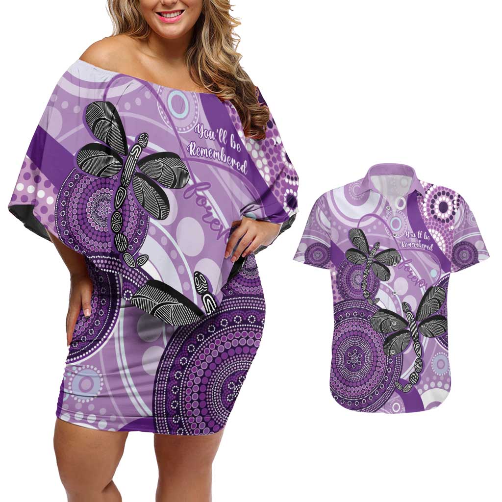 Memorial Australia Couples Matching Off Shoulder Short Dress and Hawaiian Shirt You Will Be Remembered Aboriginal Art LT14