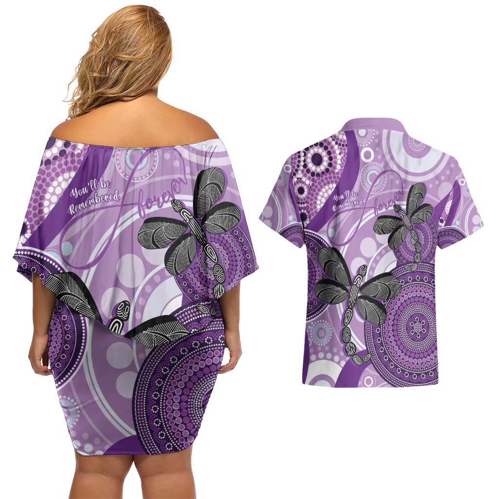 Memorial Australia Couples Matching Off Shoulder Short Dress and Hawaiian Shirt You Will Be Remembered Aboriginal Art LT14