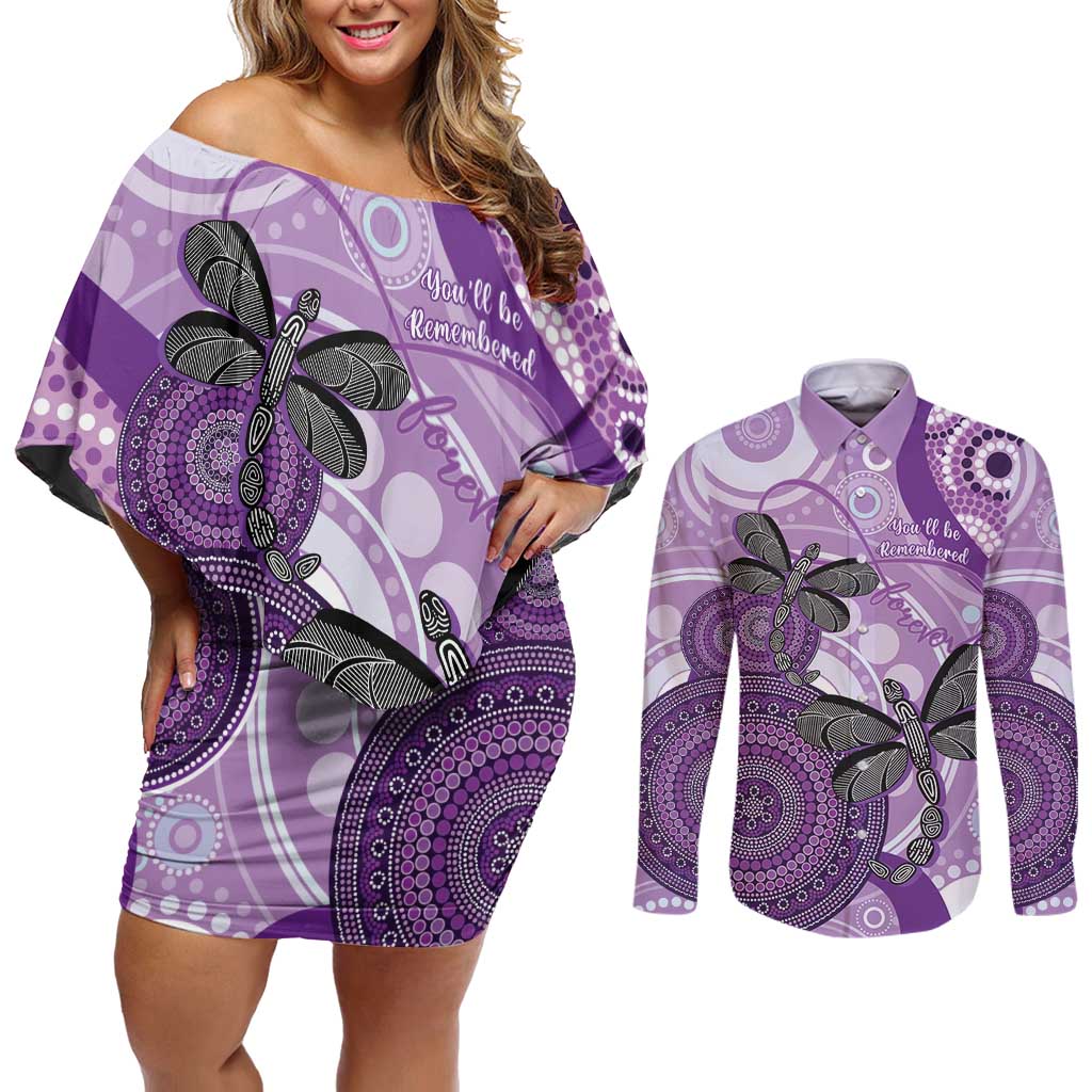 Memorial Australia Couples Matching Off Shoulder Short Dress and Long Sleeve Button Shirt You Will Be Remembered Aboriginal Art LT14