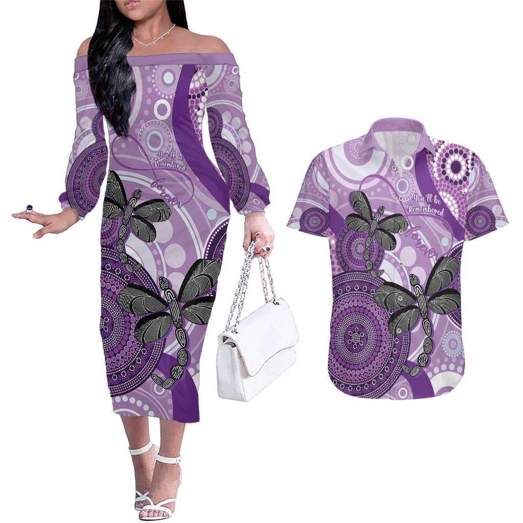 Memorial Australia Couples Matching Off The Shoulder Long Sleeve Dress and Hawaiian Shirt You Will Be Remembered Aboriginal Art LT14