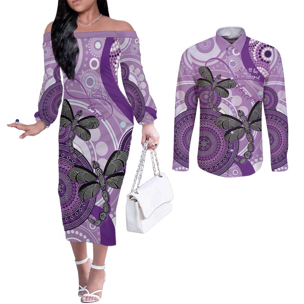 Memorial Australia Couples Matching Off The Shoulder Long Sleeve Dress and Long Sleeve Button Shirt You Will Be Remembered Aboriginal Art LT14