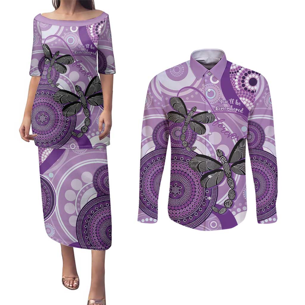 Memorial Australia Couples Matching Puletasi and Long Sleeve Button Shirt You Will Be Remembered Aboriginal Art LT14