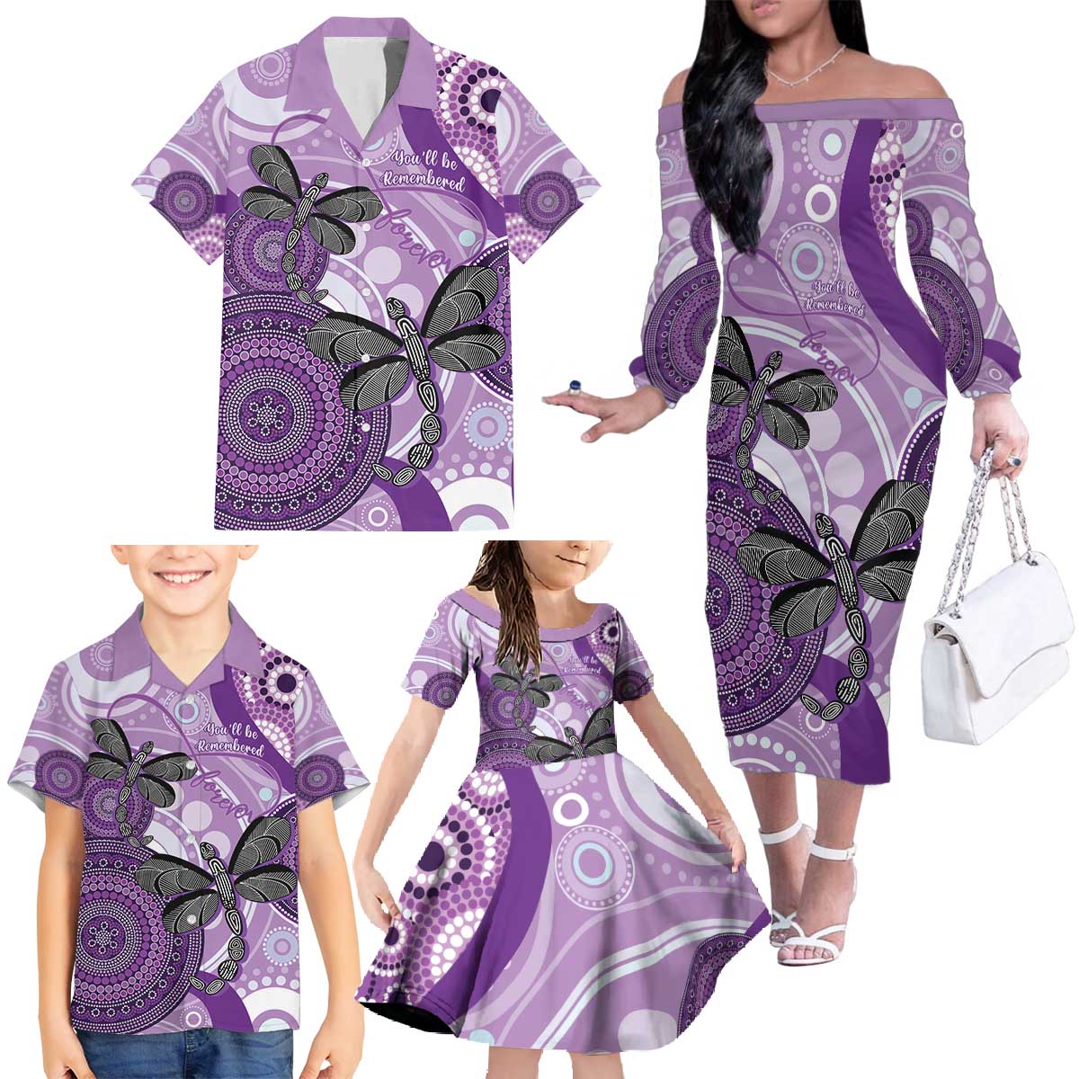 Memorial Australia Family Matching Off The Shoulder Long Sleeve Dress and Hawaiian Shirt You Will Be Remembered Aboriginal Art LT14