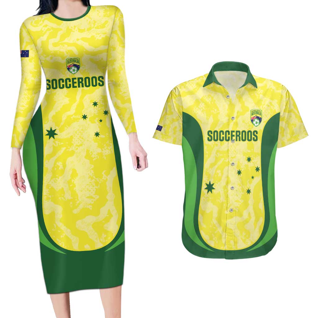 Australia Football Custom Couples Matching Long Sleeve Bodycon Dress and Hawaiian Shirt Go Socceroos Grunge Sporty Style - Aussie Hoodie