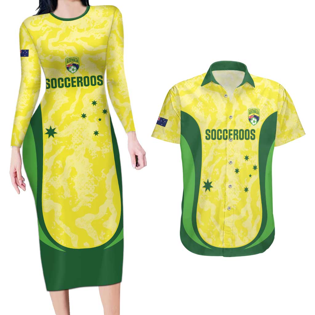 Australia Football Custom Couples Matching Long Sleeve Bodycon Dress and Hawaiian Shirt Go Socceroos Grunge Sporty Style - Aussie Hoodie