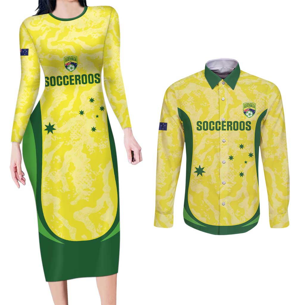 Australia Football Custom Couples Matching Long Sleeve Bodycon Dress and Long Sleeve Button Shirt Go Socceroos Grunge Sporty Style - Aussie Hoodie
