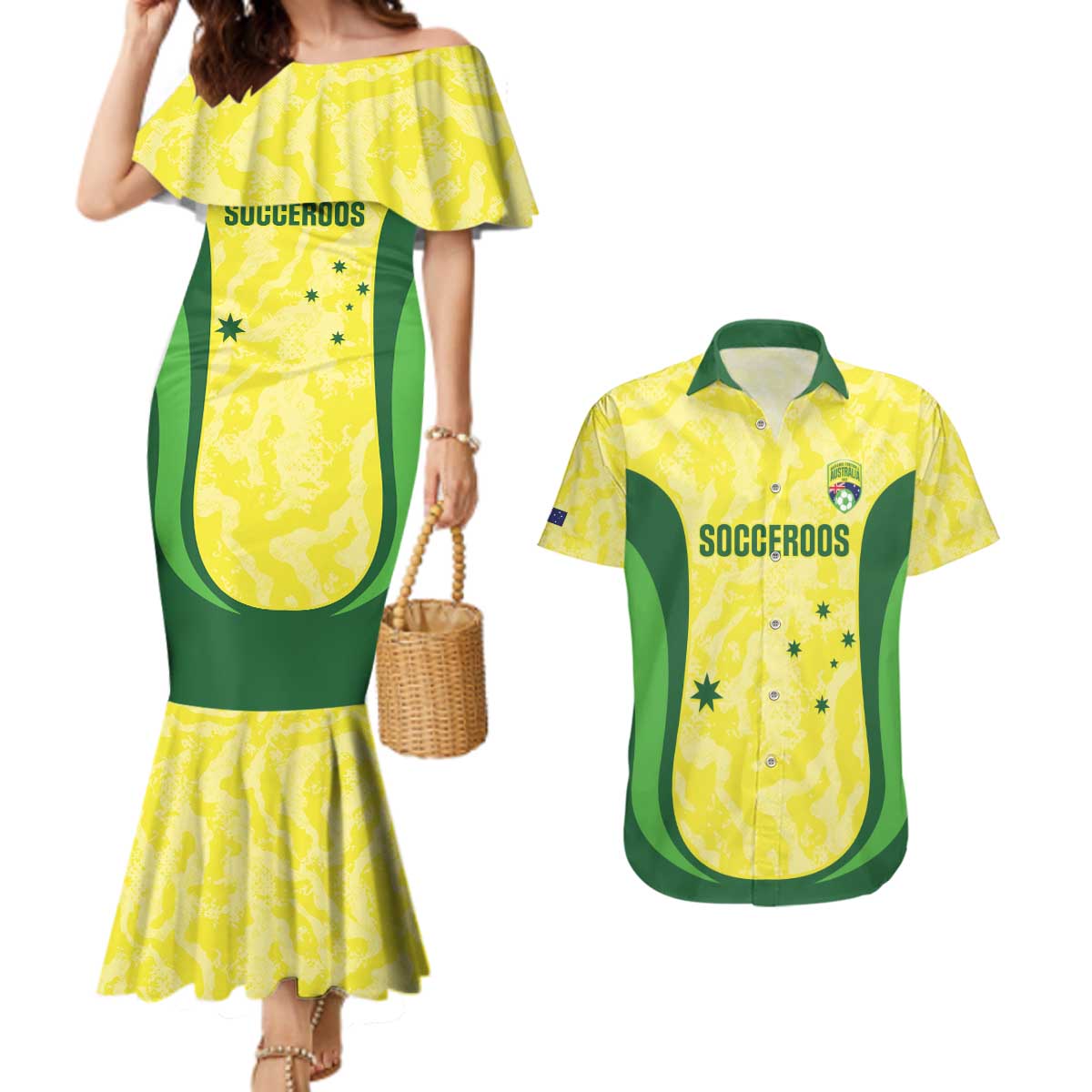 Australia Football Custom Couples Matching Mermaid Dress and Hawaiian Shirt Go Socceroos Grunge Sporty Style - Aussie Hoodie