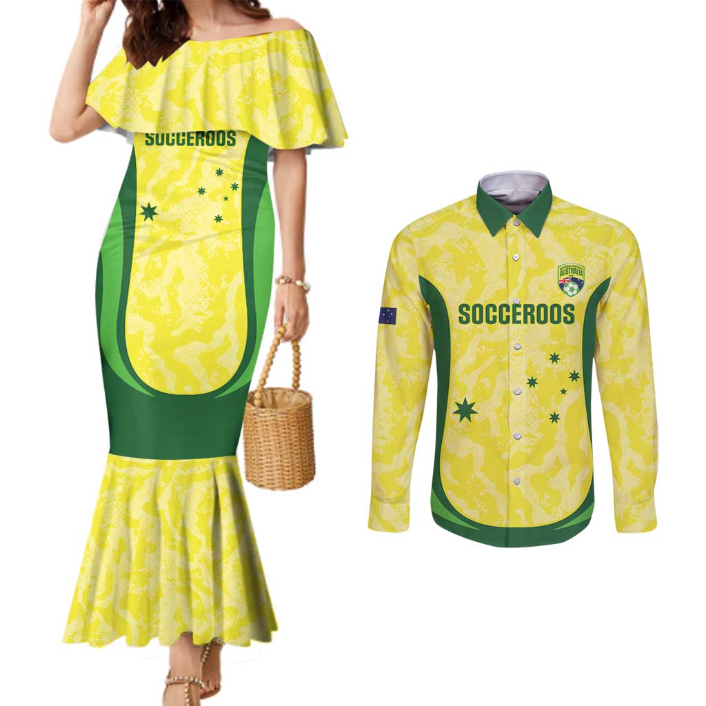 Australia Football Custom Couples Matching Mermaid Dress and Long Sleeve Button Shirt Go Socceroos Grunge Sporty Style - Aussie Hoodie
