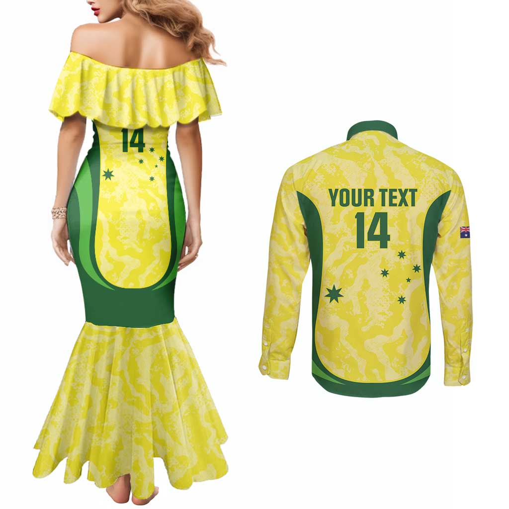 Australia Football Custom Couples Matching Mermaid Dress and Long Sleeve Button Shirt Go Socceroos Grunge Sporty Style - Aussie Hoodie