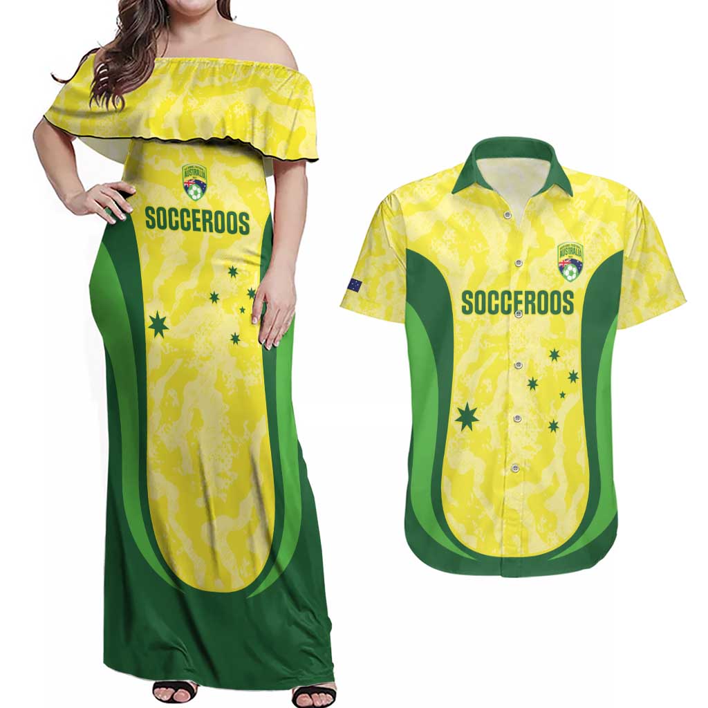 Australia Football Custom Couples Matching Off Shoulder Maxi Dress and Hawaiian Shirt Go Socceroos Grunge Sporty Style - Aussie Hoodie