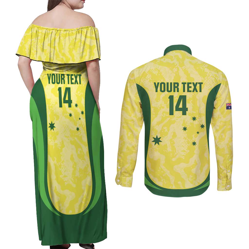 Australia Football Custom Couples Matching Off Shoulder Maxi Dress and Long Sleeve Button Shirt Go Socceroos Grunge Sporty Style - Aussie Hoodie