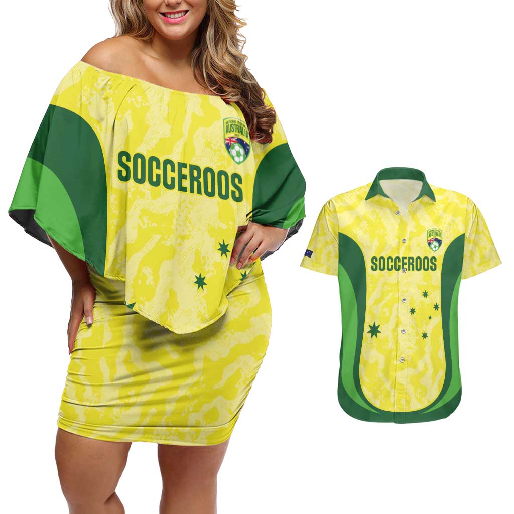Australia Football Custom Couples Matching Off Shoulder Short Dress and Hawaiian Shirt Go Socceroos Grunge Sporty Style - Aussie Hoodie