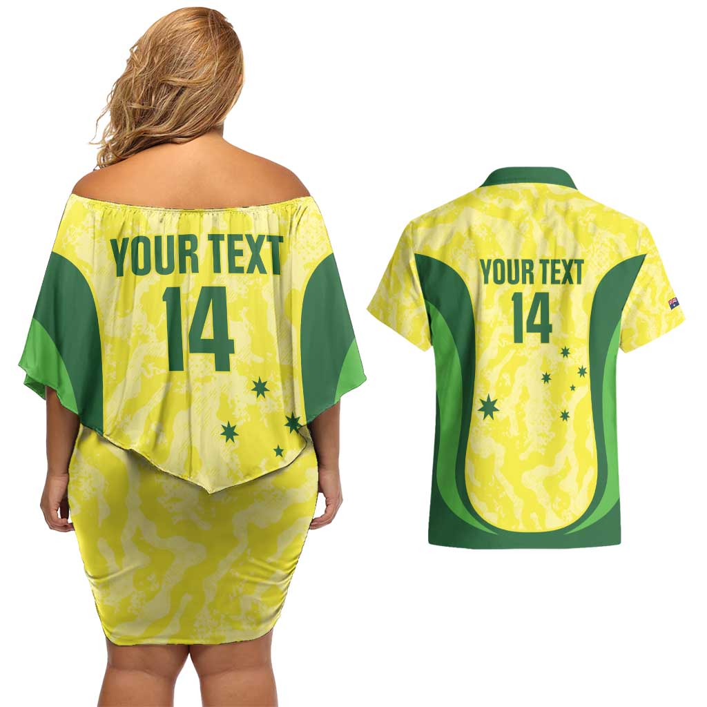 Australia Football Custom Couples Matching Off Shoulder Short Dress and Hawaiian Shirt Go Socceroos Grunge Sporty Style - Aussie Hoodie