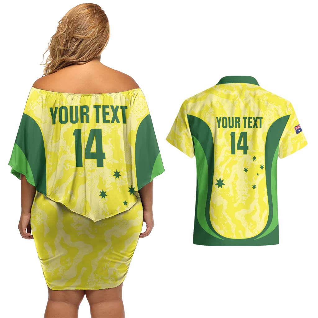 Australia Football Custom Couples Matching Off Shoulder Short Dress and Hawaiian Shirt Go Socceroos Grunge Sporty Style - Aussie Hoodie