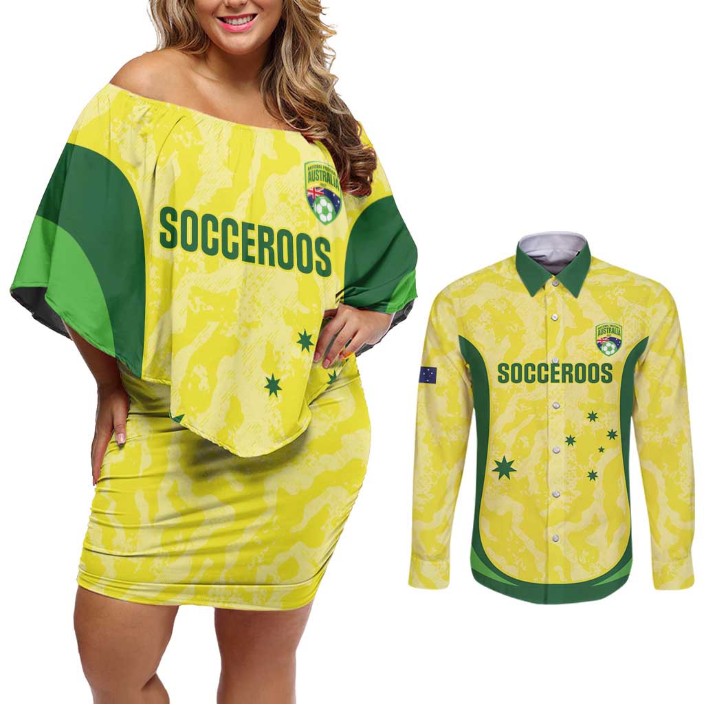 Australia Football Custom Couples Matching Off Shoulder Short Dress and Long Sleeve Button Shirt Go Socceroos Grunge Sporty Style - Aussie Hoodie