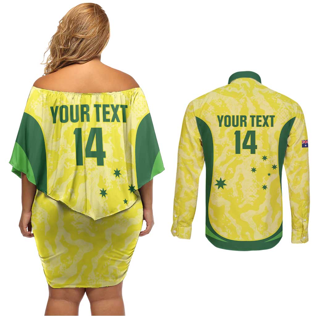 Australia Football Custom Couples Matching Off Shoulder Short Dress and Long Sleeve Button Shirt Go Socceroos Grunge Sporty Style - Aussie Hoodie