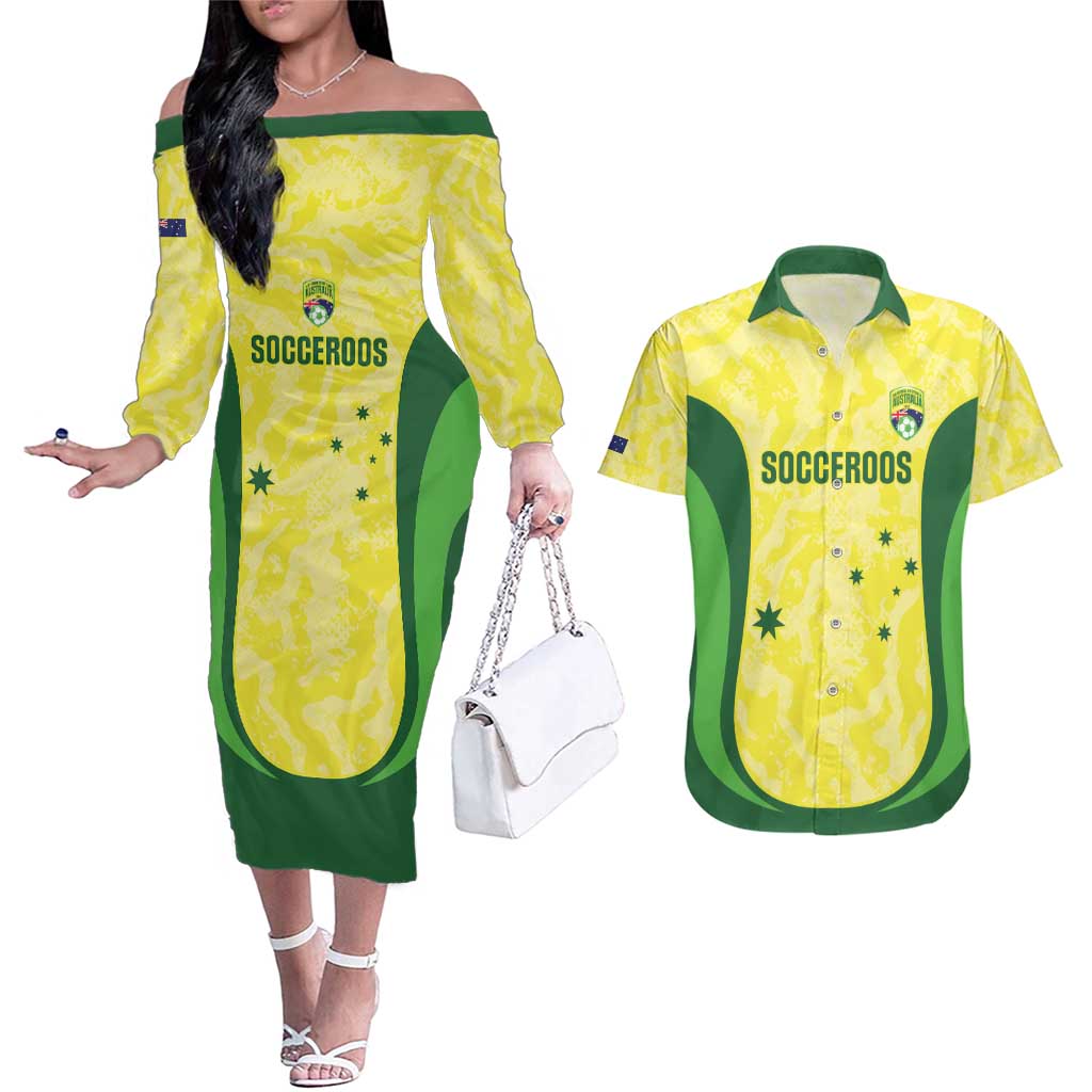 Australia Football Custom Couples Matching Off The Shoulder Long Sleeve Dress and Hawaiian Shirt Go Socceroos Grunge Sporty Style - Aussie Hoodie