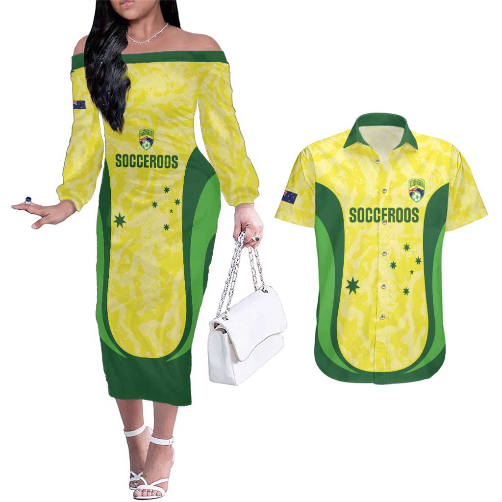 Australia Football Custom Couples Matching Off The Shoulder Long Sleeve Dress and Hawaiian Shirt Go Socceroos Grunge Sporty Style - Aussie Hoodie