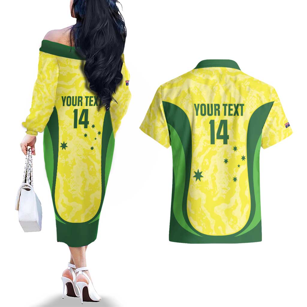 Australia Football Custom Couples Matching Off The Shoulder Long Sleeve Dress and Hawaiian Shirt Go Socceroos Grunge Sporty Style - Aussie Hoodie