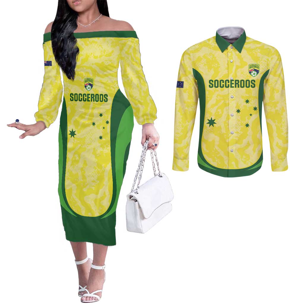 Australia Football Custom Couples Matching Off The Shoulder Long Sleeve Dress and Long Sleeve Button Shirt Go Socceroos Grunge Sporty Style - Aussie Hoodie