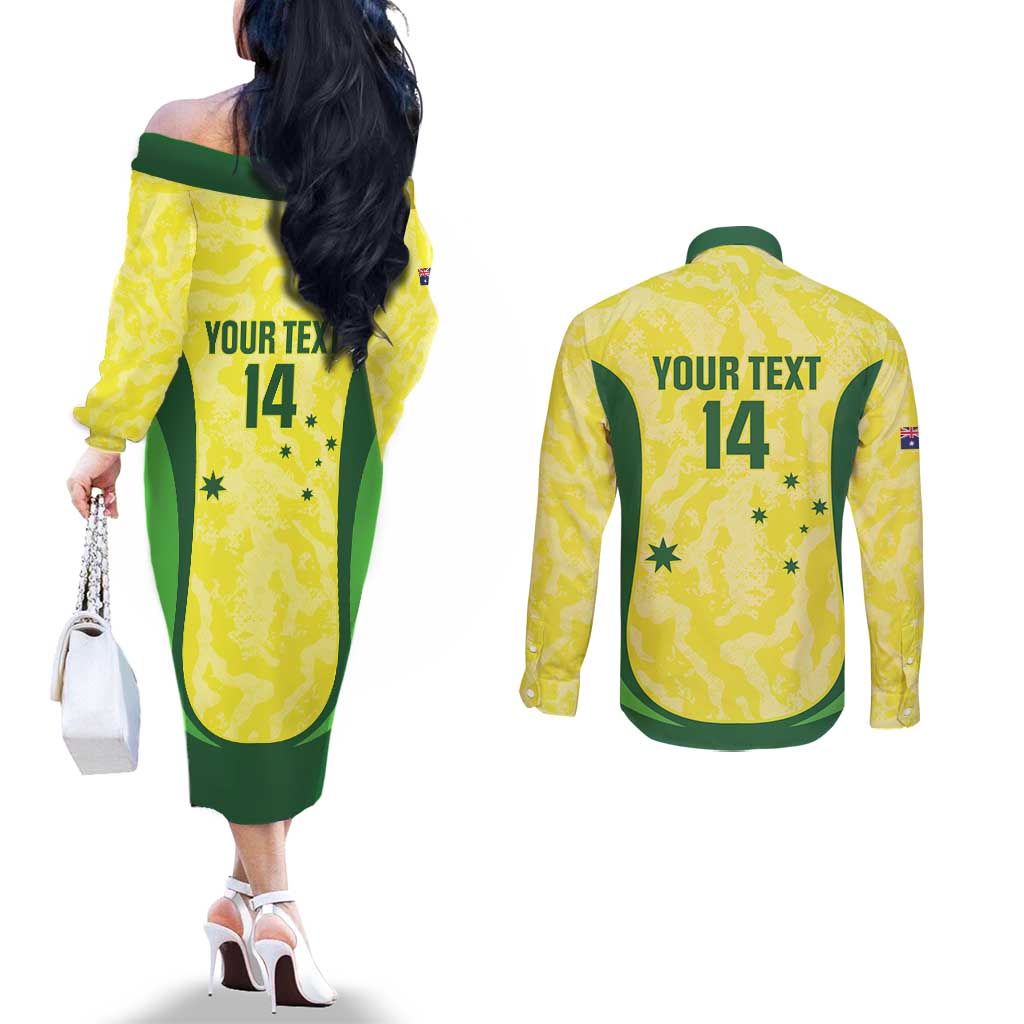Australia Football Custom Couples Matching Off The Shoulder Long Sleeve Dress and Long Sleeve Button Shirt Go Socceroos Grunge Sporty Style - Aussie Hoodie