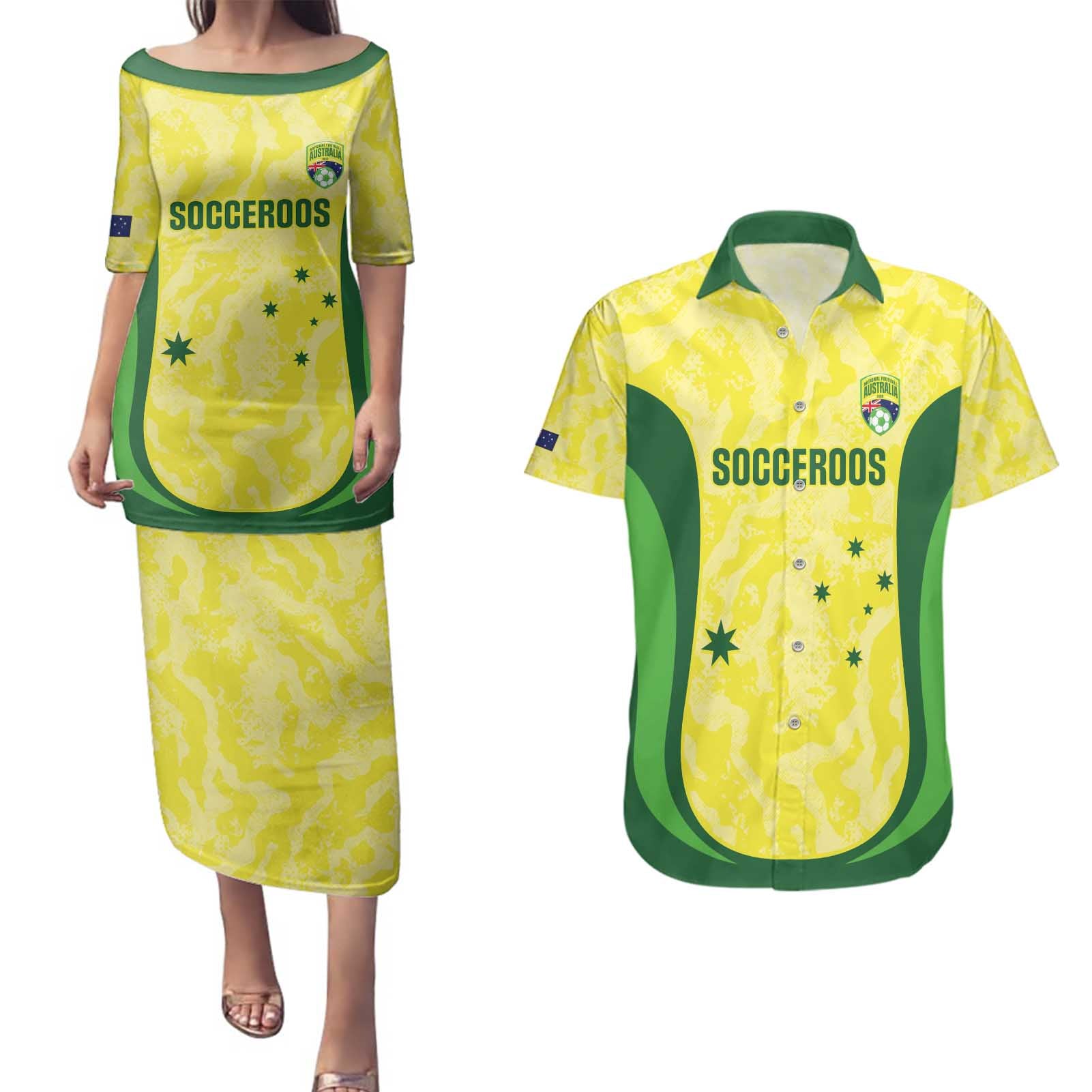 Australia Football Custom Couples Matching Puletasi and Hawaiian Shirt Go Socceroos Grunge Sporty Style - Aussie Hoodie