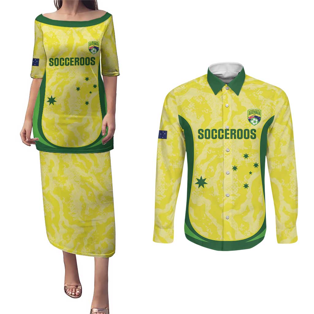 Australia Football Custom Couples Matching Puletasi and Long Sleeve Button Shirt Go Socceroos Grunge Sporty Style - Aussie Hoodie