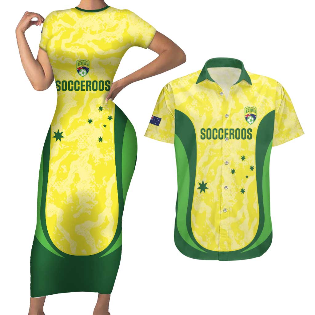 Australia Football Custom Couples Matching Short Sleeve Bodycon Dress and Hawaiian Shirt Go Socceroos Grunge Sporty Style - Aussie Hoodie