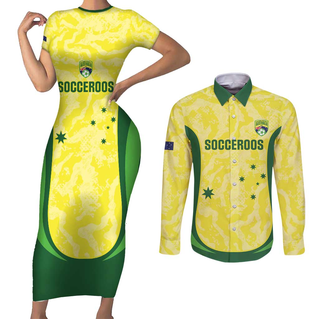 Australia Football Custom Couples Matching Short Sleeve Bodycon Dress and Long Sleeve Button Shirt Go Socceroos Grunge Sporty Style - Aussie Hoodie