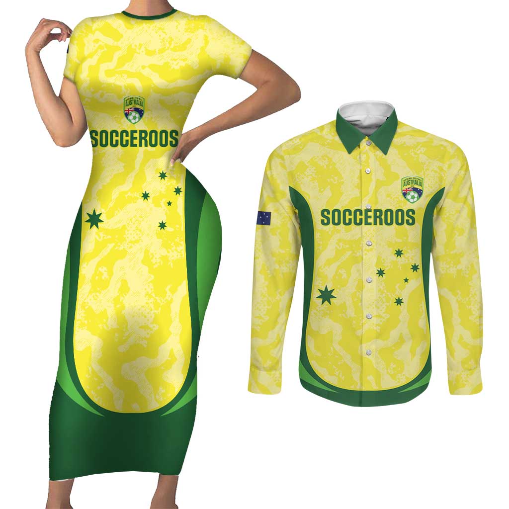 Australia Football Custom Couples Matching Short Sleeve Bodycon Dress and Long Sleeve Button Shirt Go Socceroos Grunge Sporty Style - Aussie Hoodie